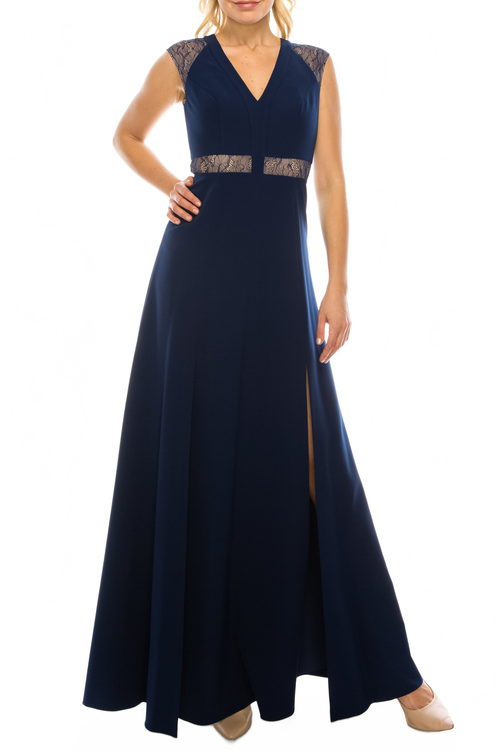 Aidan Mattox MN1E201092 Sleeveless Lace-Detail Evening A-Line Dress with Cap Sleeves and V-Neckline