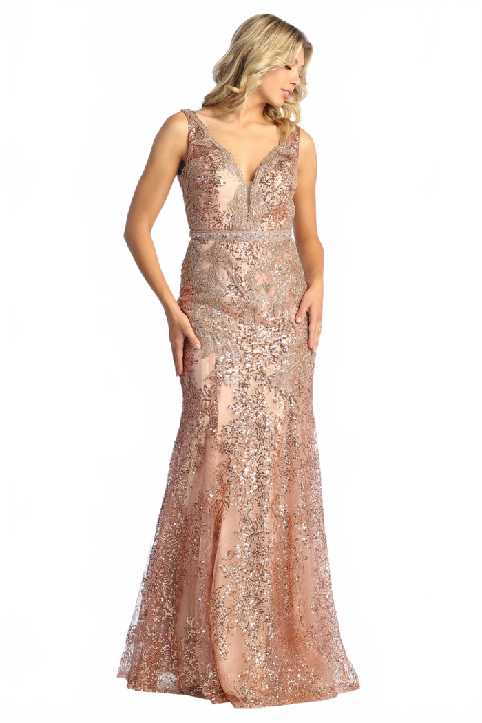 Dusty Blue Embellished Deep V-Neck Sheath Formal Dress by Royal Queen RQ7928