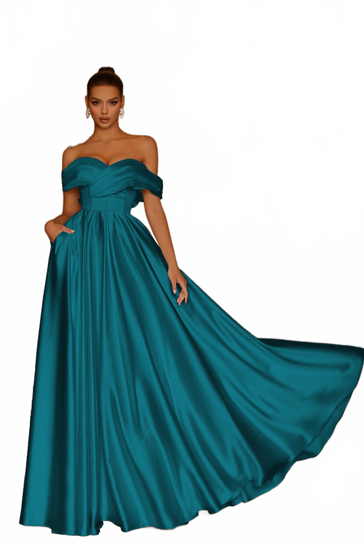 Tina Holly TE207 Wedding Prom Off-Shoulder Pleated Pockets Satin Dress