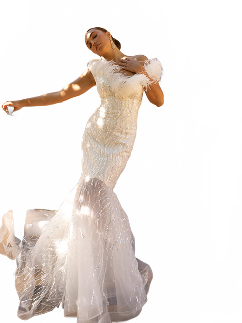 Feather Off Shoulder Mermaid Dress by Lucci Lu C8051