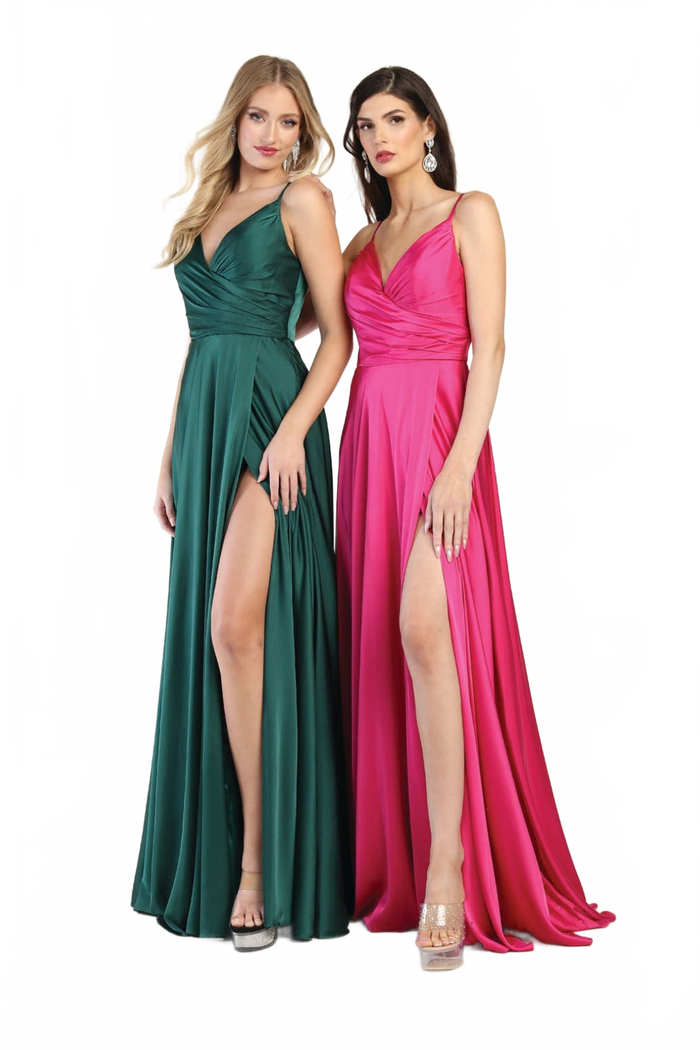 Long Simple Prom Dress V-Neck A-Line Satin Slit Formal Evening Gown by MQ1945