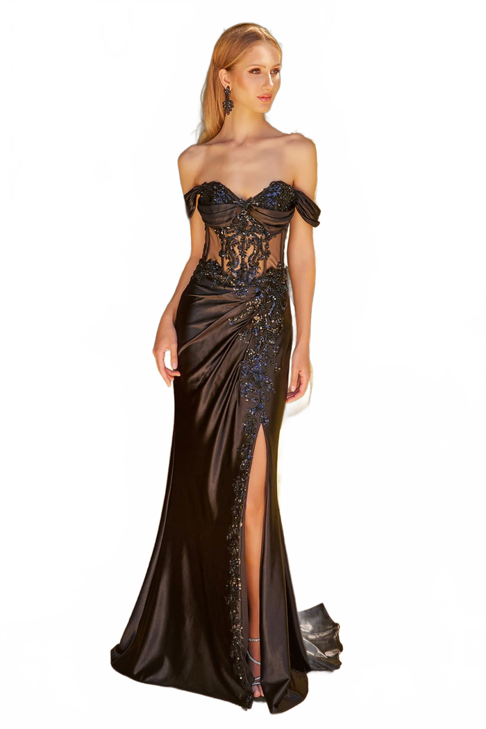Satin Off Shoulder Gown by Elizabeth KGL3623