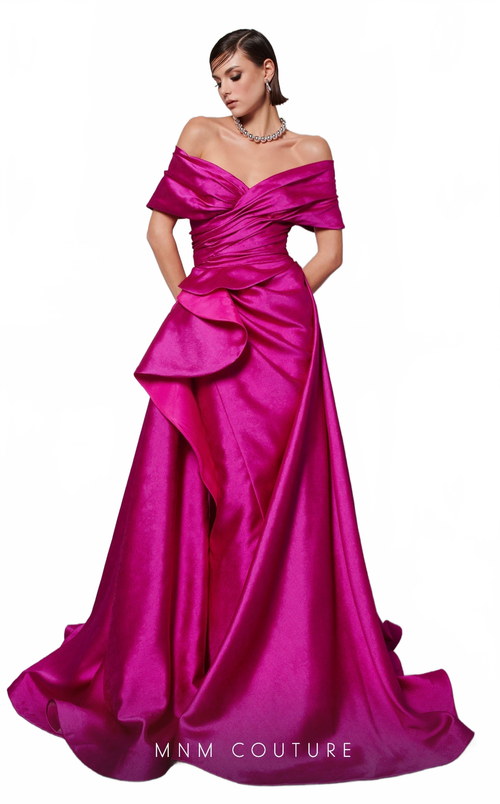 MNM Couture 2747A Mustard Strapless Brocade Gown with Slit and Train