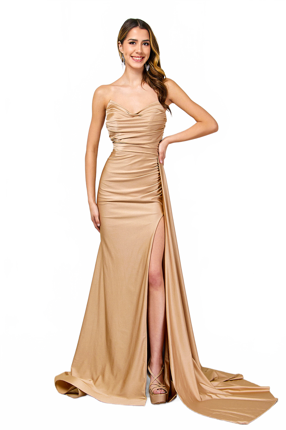 Strapless Lycra Side Cape Long Evening Prom Gown