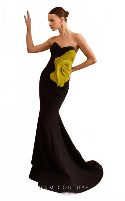 MNM Couture V07421 Strapless Black Green Gown with Floral Detail