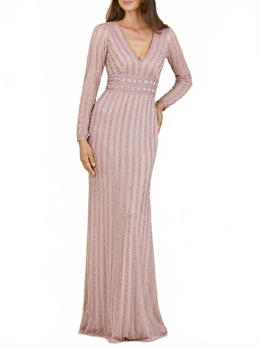 Long Sleeve V-Neck Beaded Gown