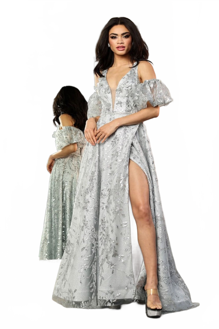 May Queen MQ2038 Floral Applique Glitter High Slit Gala Long Gown