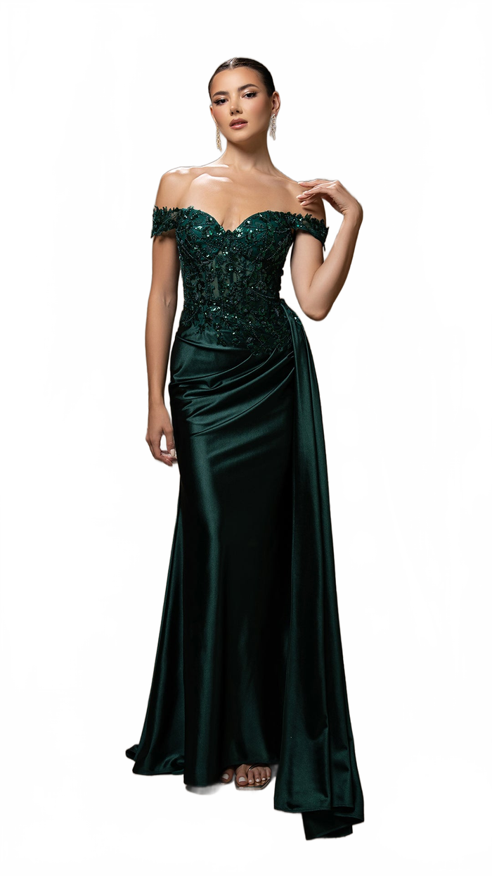 Off-Shoulder Sequin Applique Satin Evening Gown Formal Prom Dress By May Queen MQ2179