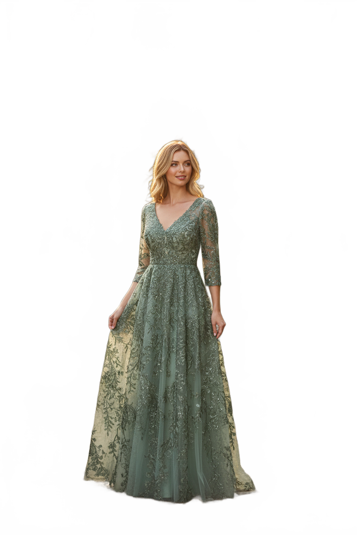 Embroidered A-Line Mother of the Bride Gown with Sheer 3/4 Sleeves By Lenovia 8356