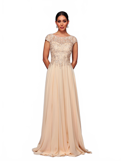 Deklaire K311 Chiffon A-Line Gown with Cap Sleeves – Mother of the Bride Dress