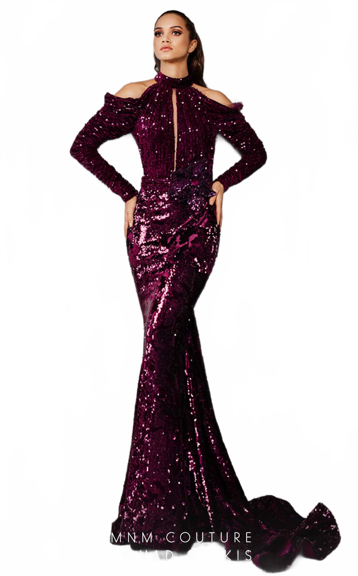 Fouad Sarkis 2607 Magenta Sequin Cold-Shoulder Gown by MNM Couture