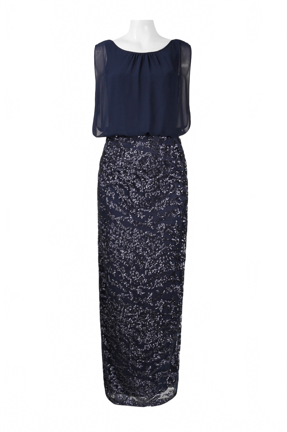 Aidan Mattox 151A10470 Overlay Sequined Long Evening Dress with Sleeveless Design and Boat Neckline