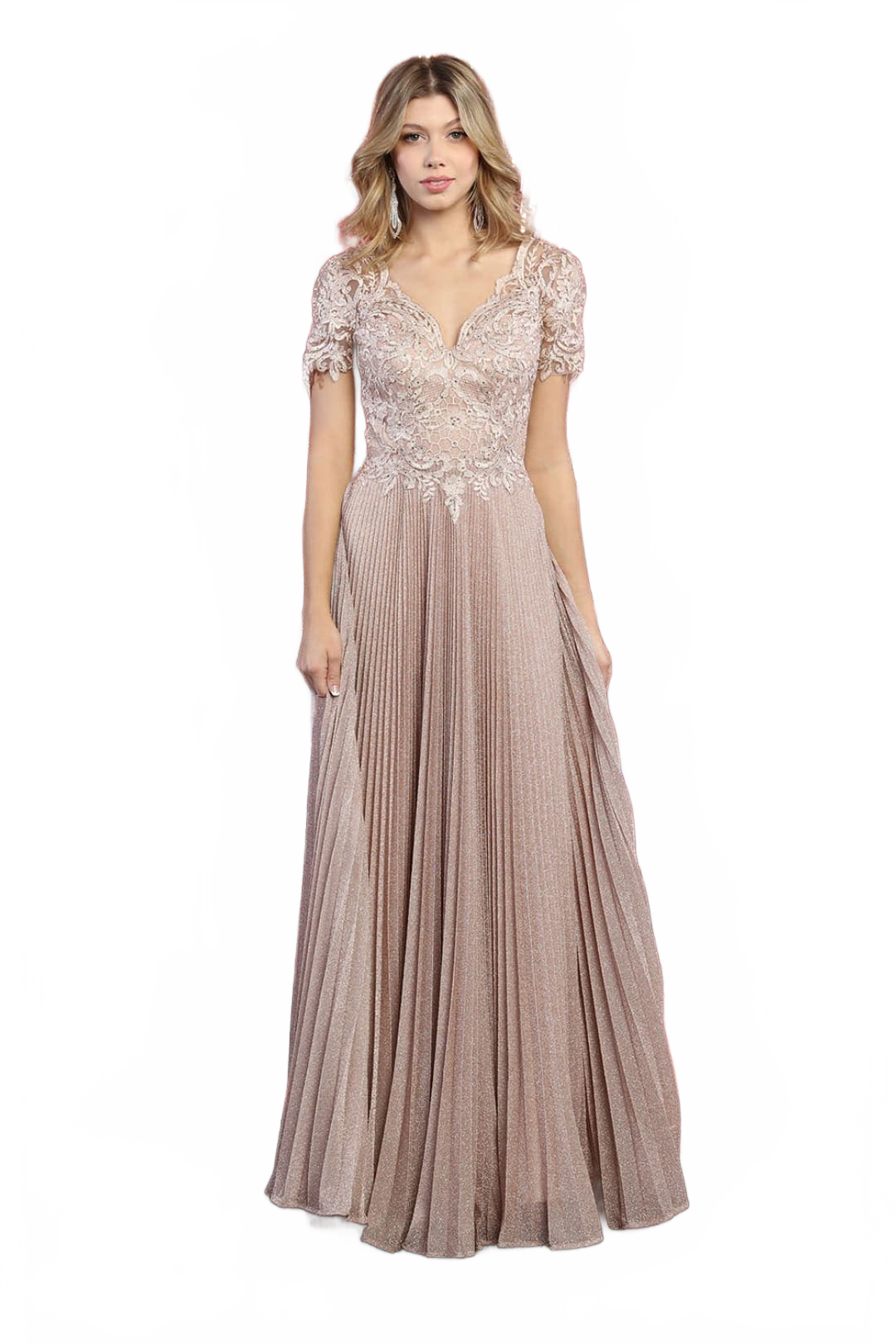 May Queen MQ1902 Short Sleeve Pleated Formal Dress