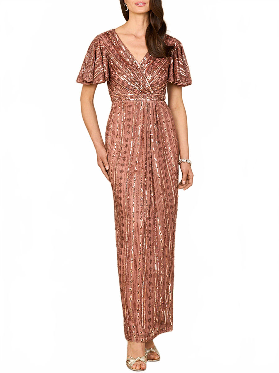 Fully Beaded Gown with Flutter Sleeves