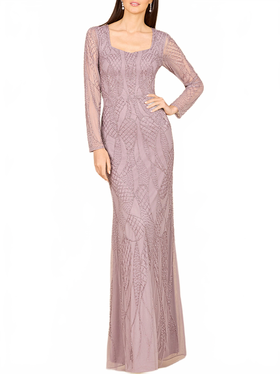V Neck Beaded Long Sleeve Dress