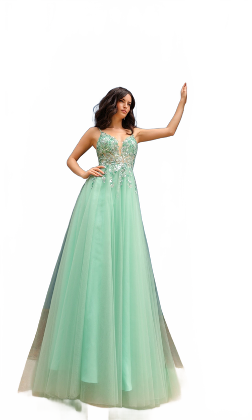 Nox Anabel Q1391 Deep V-Back Long Tulle A-Line Prom Dress