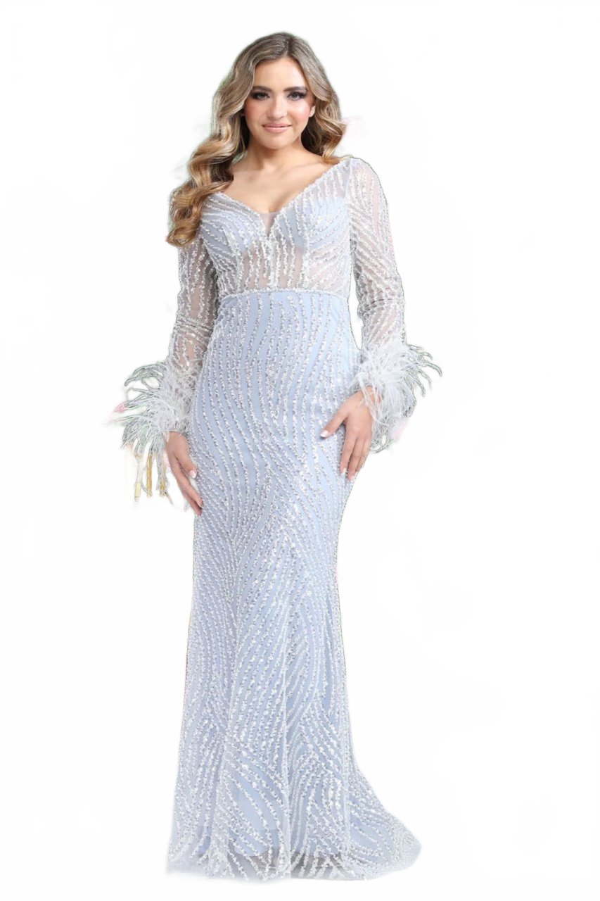 Royal Queen RQ8043 Long Sleeve Sheer V-Back Evening Long Gown