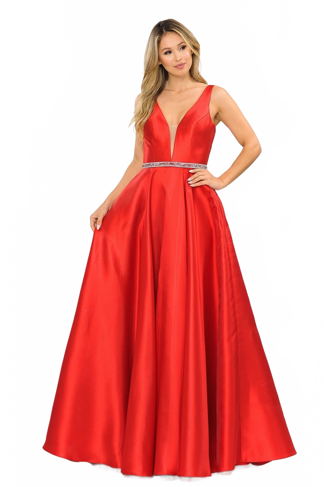 Poly USA 8682 A-Line Mikado V-Neck Red Carpet Formal Long Dress