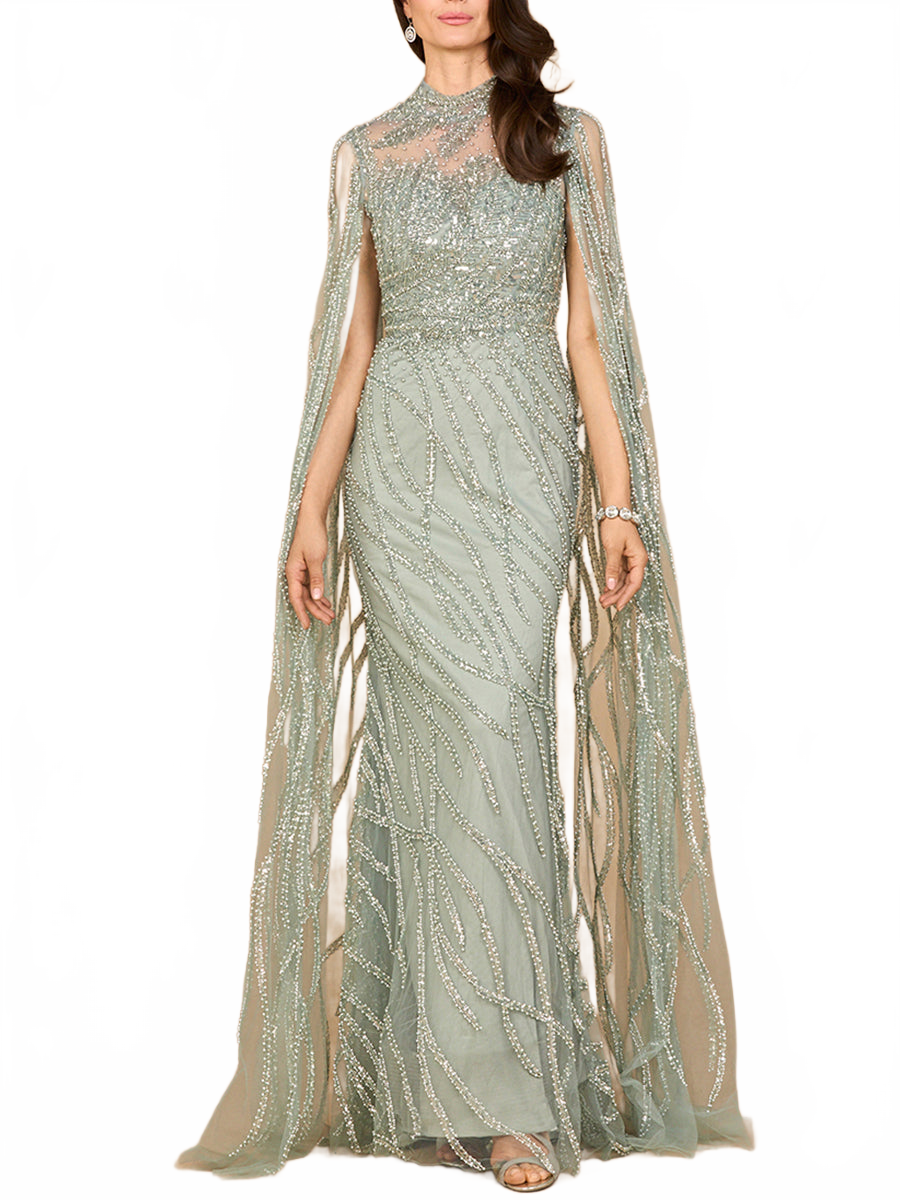 High Neck Gown with Long Cape Sleeves
