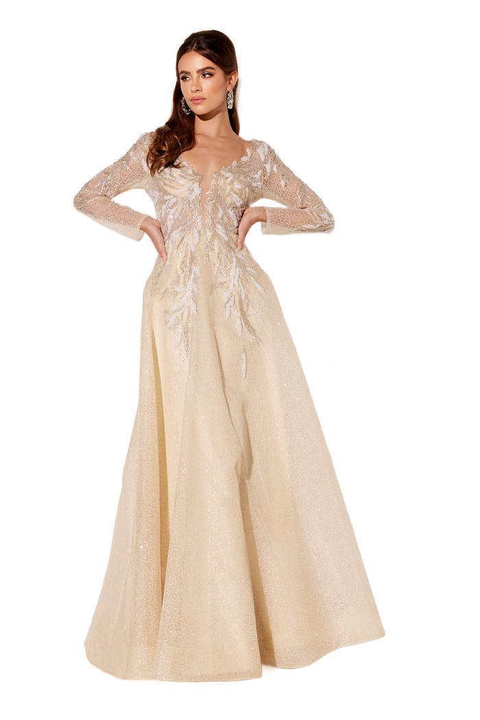 Applique Long Sleeve A-line Gown by Lucci Lu C8083