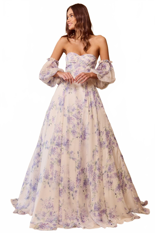 Prom Dress Strapless Print Puff Sleeves Gown By Amelia Couture SU084