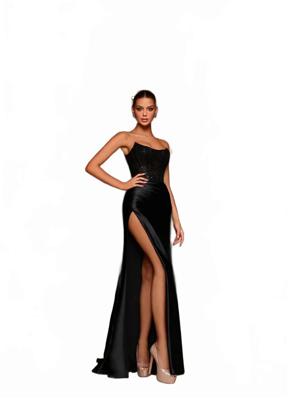 Tina Holly TK551 Prom Strapless 3D Lace High Slit Jersey Satin Lace Dress