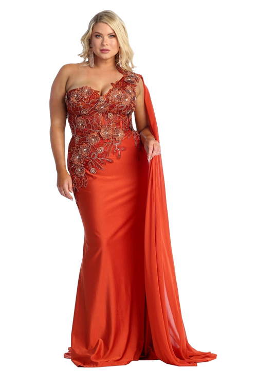 Royal Queen RQ7943 Long Embroidered One Shoulder Prom Dress With Cape