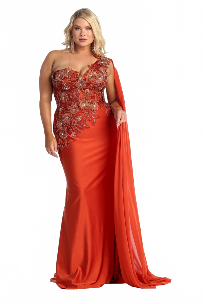 Royal Queen RQ7943 Long Embroidered One Shoulder Prom Dress With Cape
