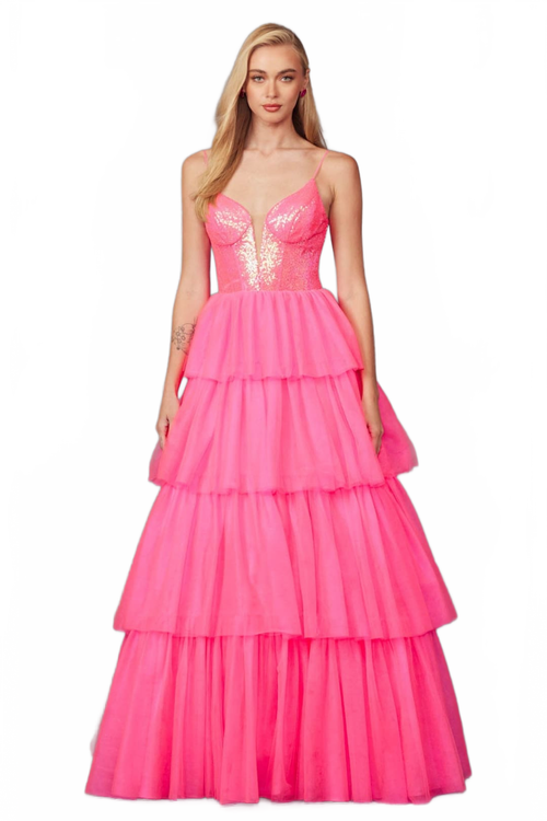 Sequin Bodice Sleeveless A-Line Ruffled Prom Gown by Juliet JT2457H