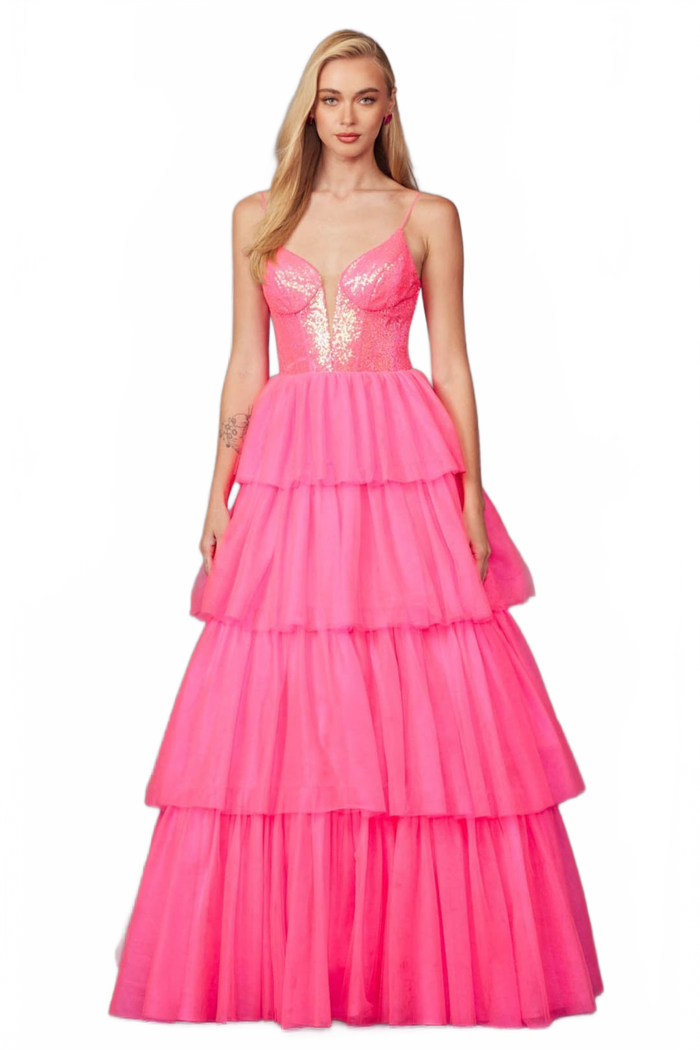 Sequin Bodice Sleeveless A-Line Ruffled Prom Gown by Juliet JT2457H