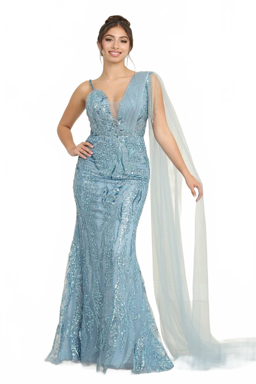 Royal Queen RQ8066 Plunging V-Neck Beaded Evening Sequin Dress