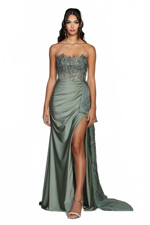 Prom Gown High Slit Sheath Strapless Dress By May Queen MQ2072
