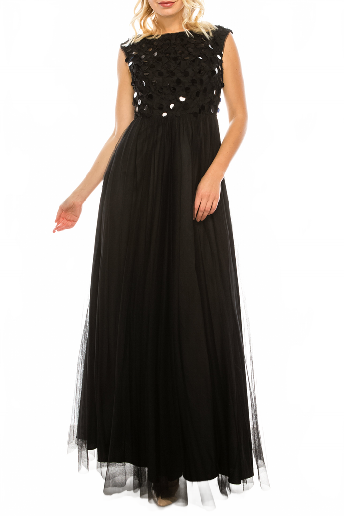 Aidan Mattox MN1E200046 Sleeveless Embellished Evening A-Line Dress with V-Neckline and Beaded Detailing
