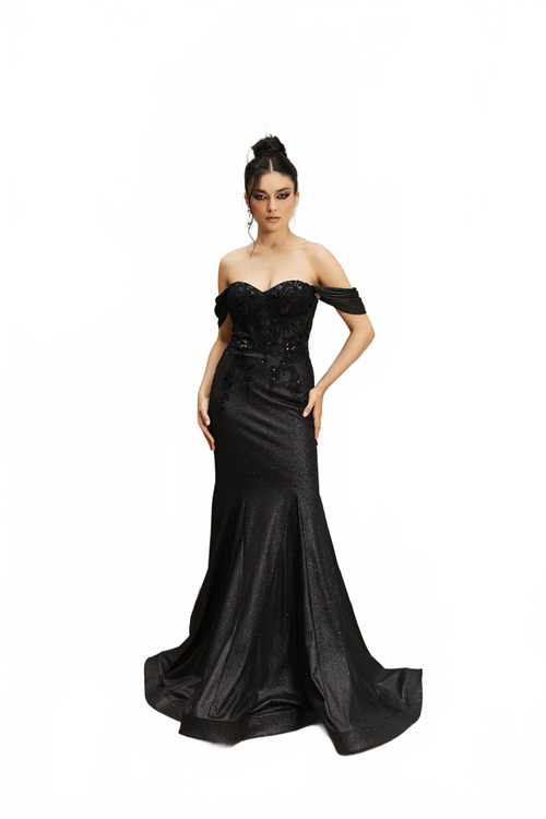 May Queen MQ2104 Draped Sleeves Corset Glitter Red Carpet Gown