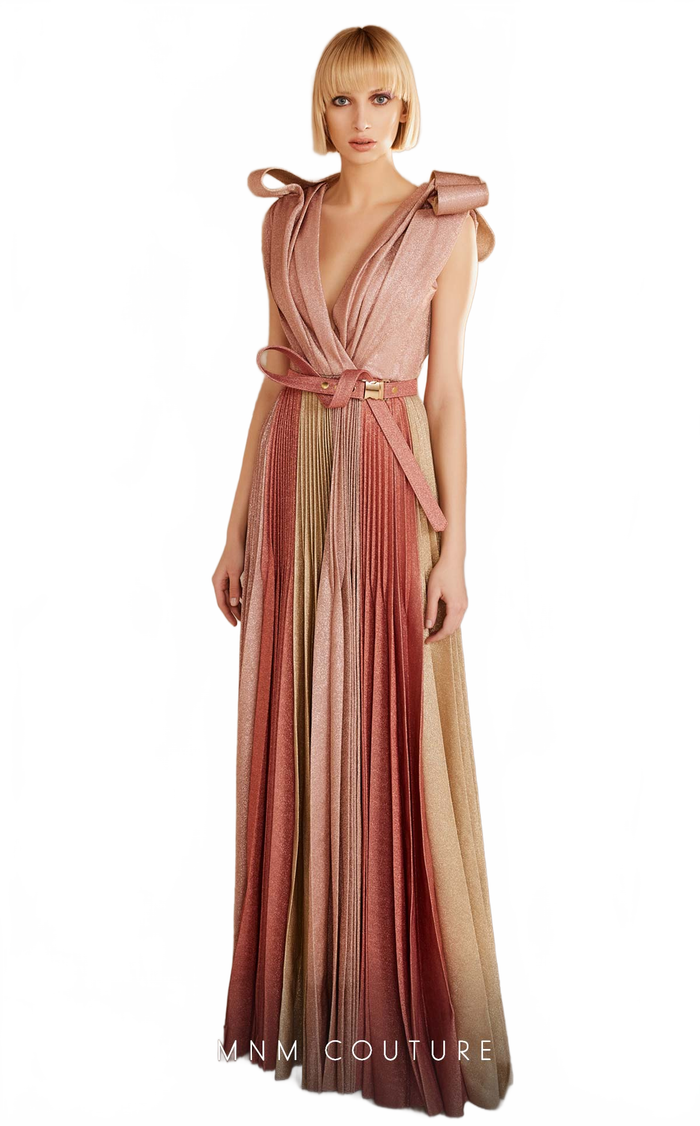 MNM Couture E0028 Mint Metallic Pleated V-Neck Gown with Belt