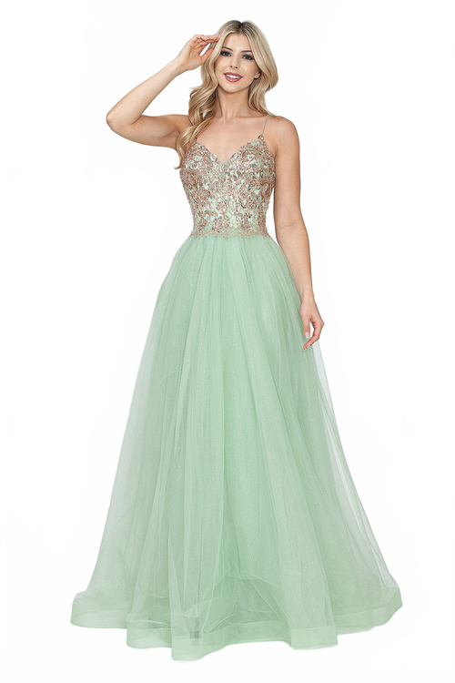 Sequin V-Neck A-Line Tulle Evening Gown with Lace Bodice Sleeveless Formal Prom Dress By Lenovia 8236
