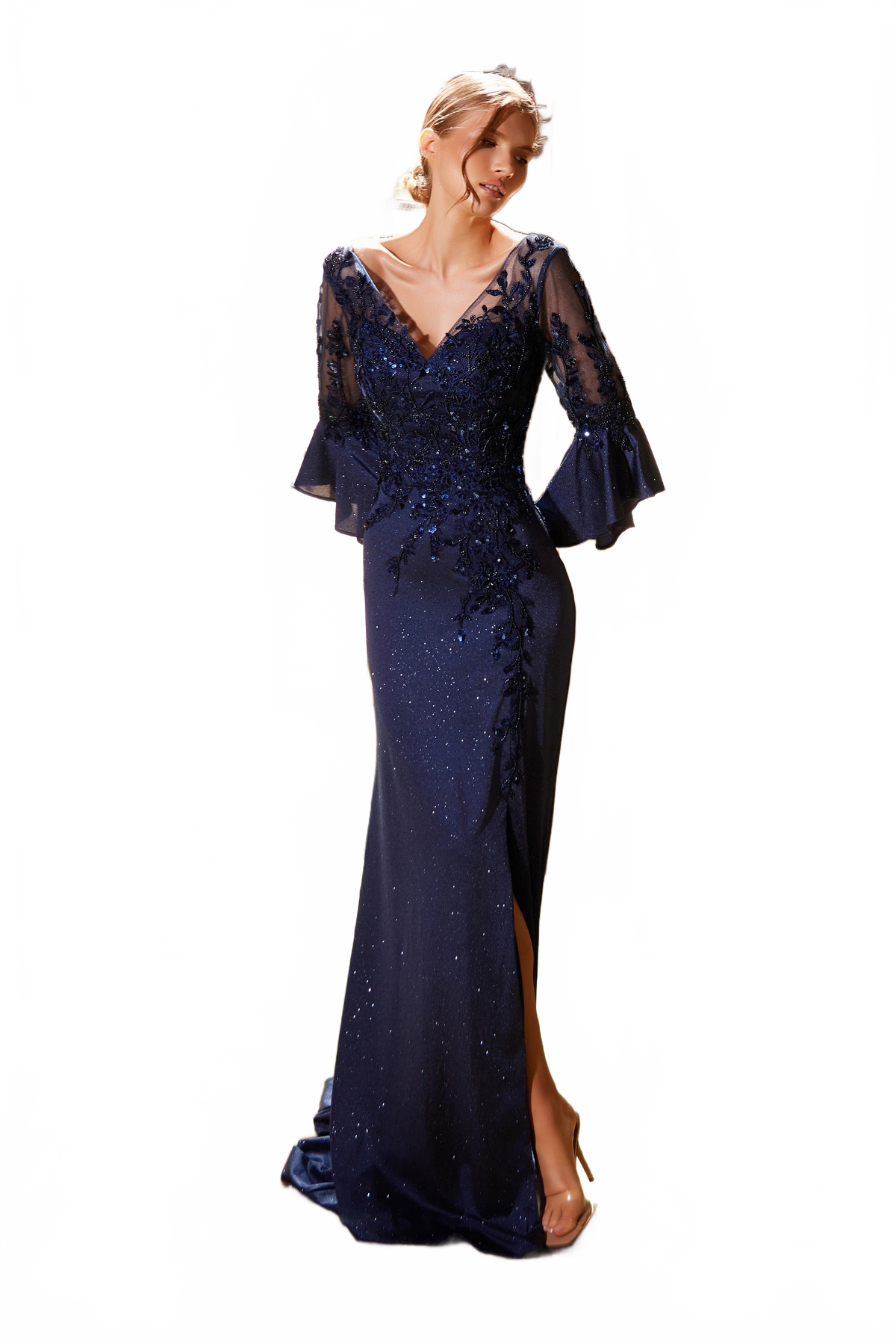 Nox Anabel MD129 Elegant Mother of Bride Dress Appliqué Bell Sleeve Slit Evening Gown