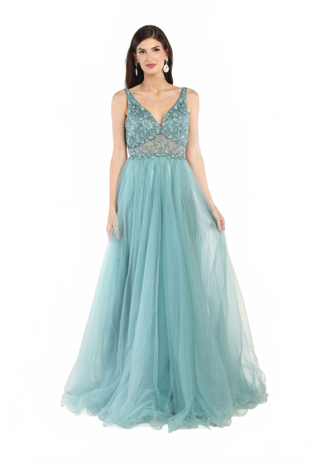 Embroidered A-line Prom Dress Sleeveless V-Neck Evening gown