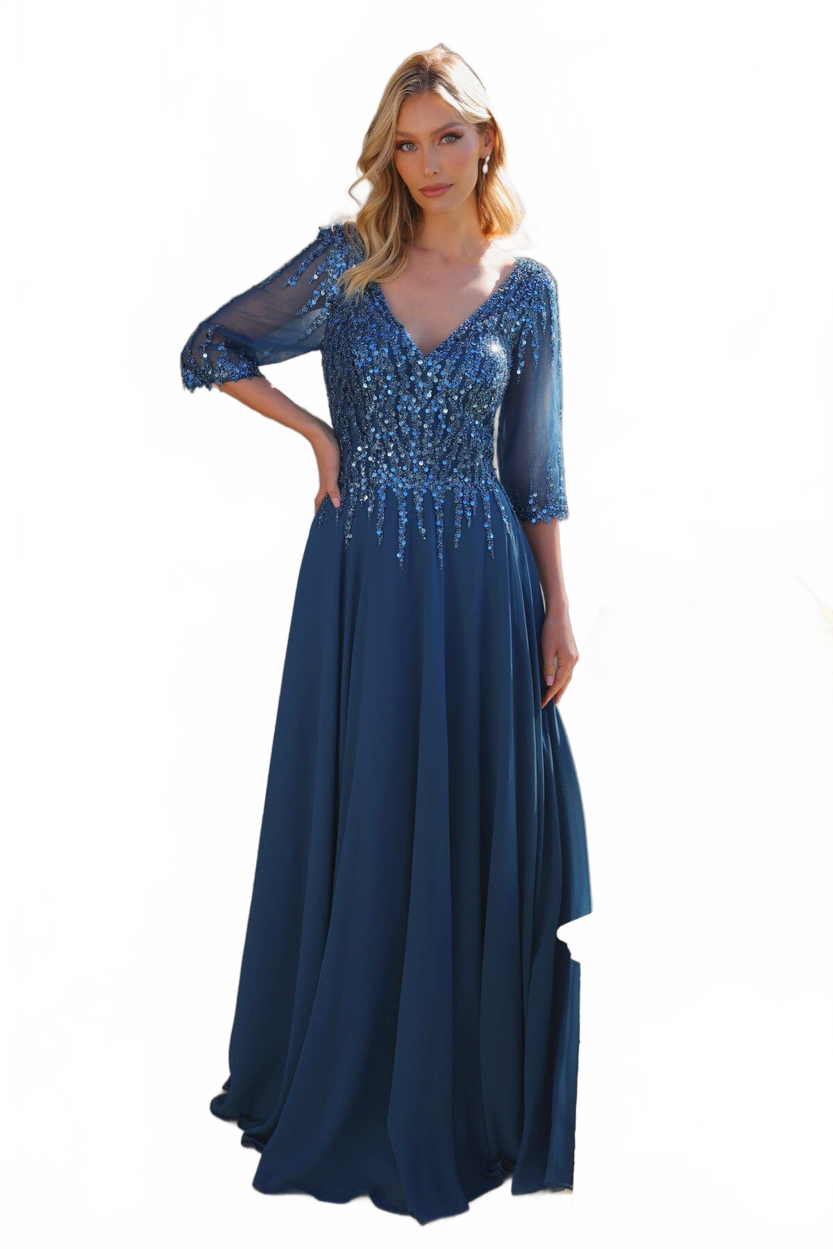 Nox Anabel MF100 Beautiful Sequin Bodice 3/4 Sleeve A-line Gown