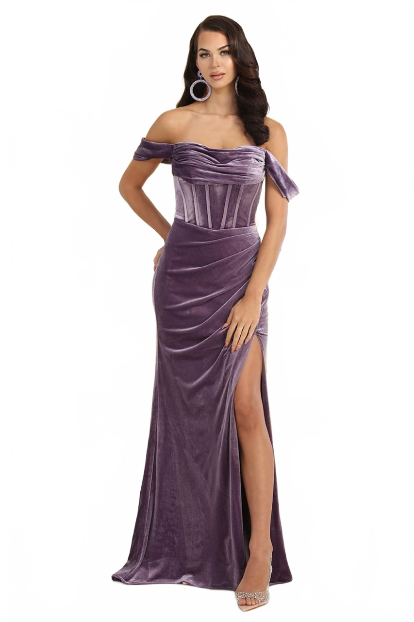 Off-Shoulder Velvet Corset Gown with High Slit Elegant Formal Prom by Royal Queen RQ8069