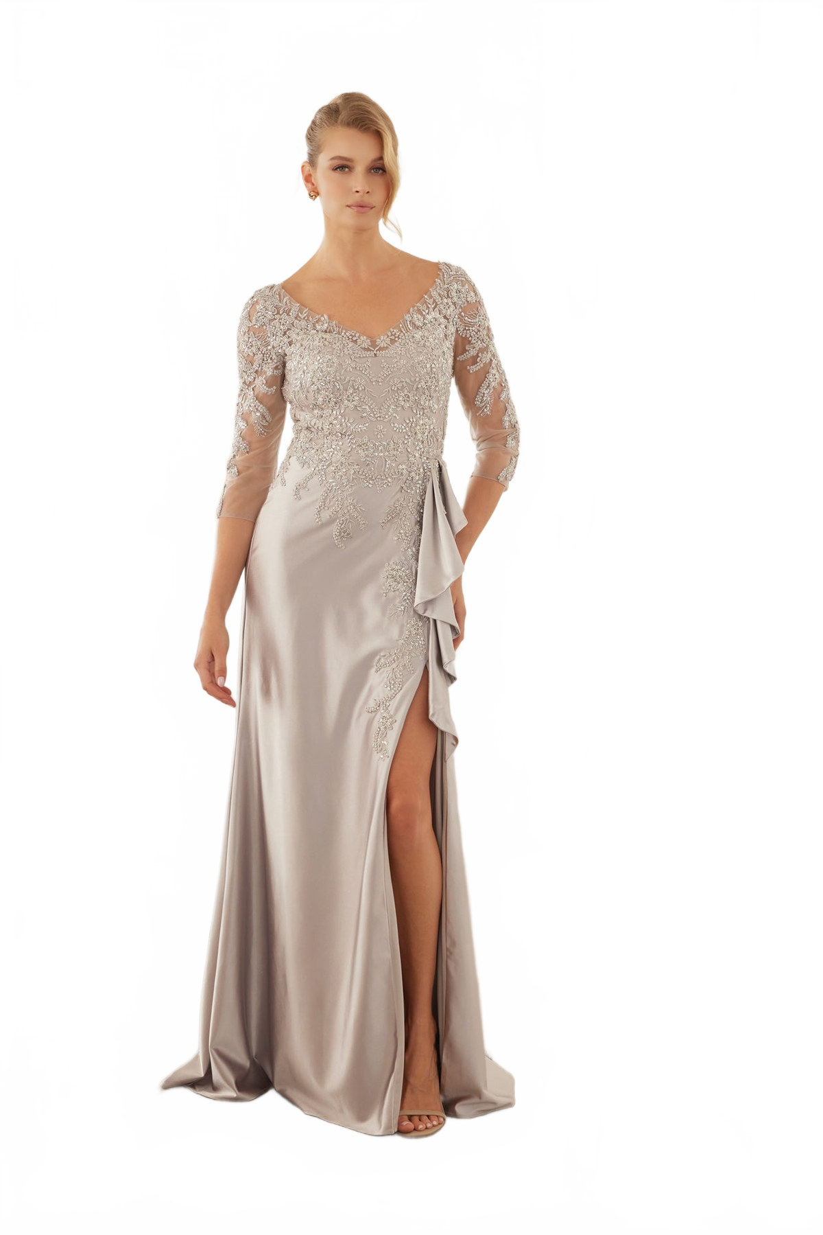 3/4 Sleeve Mother of the Bride Dress with Beaded Appliqués Formal Gown