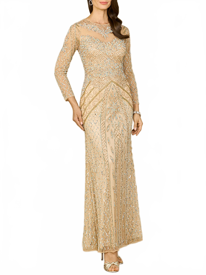 Illusion Neck, Long Sleeve Beaded Gown