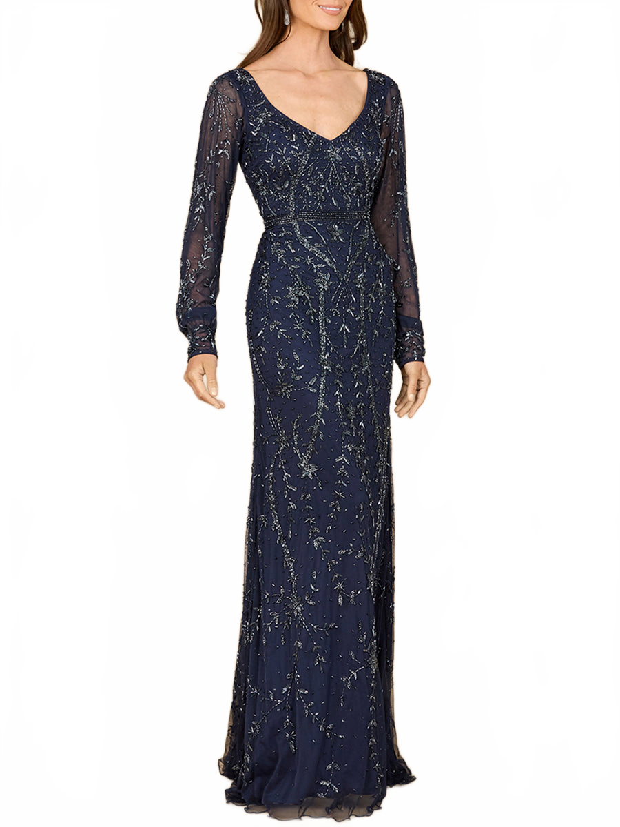V-Neck Beaded Gown with Sleeves