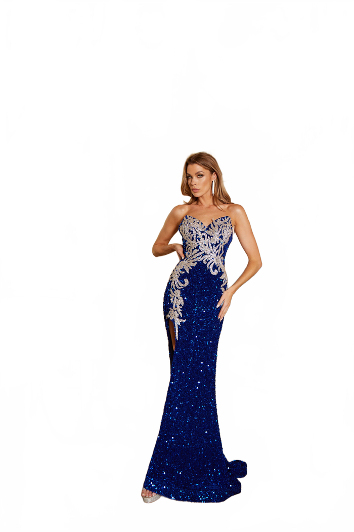 Sequin Fitted Strapless Slit Gown by Lucci Lu 1332