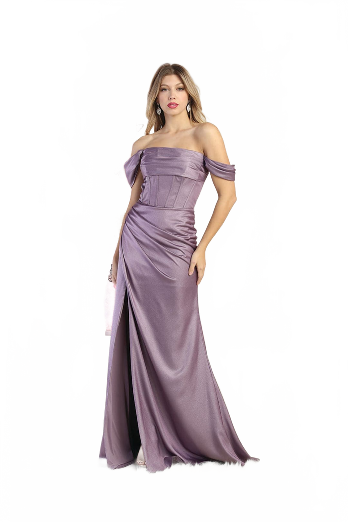 May Queen MQ1998 Corset Bone Ruched Bridesmaids Off Shoulder Dress