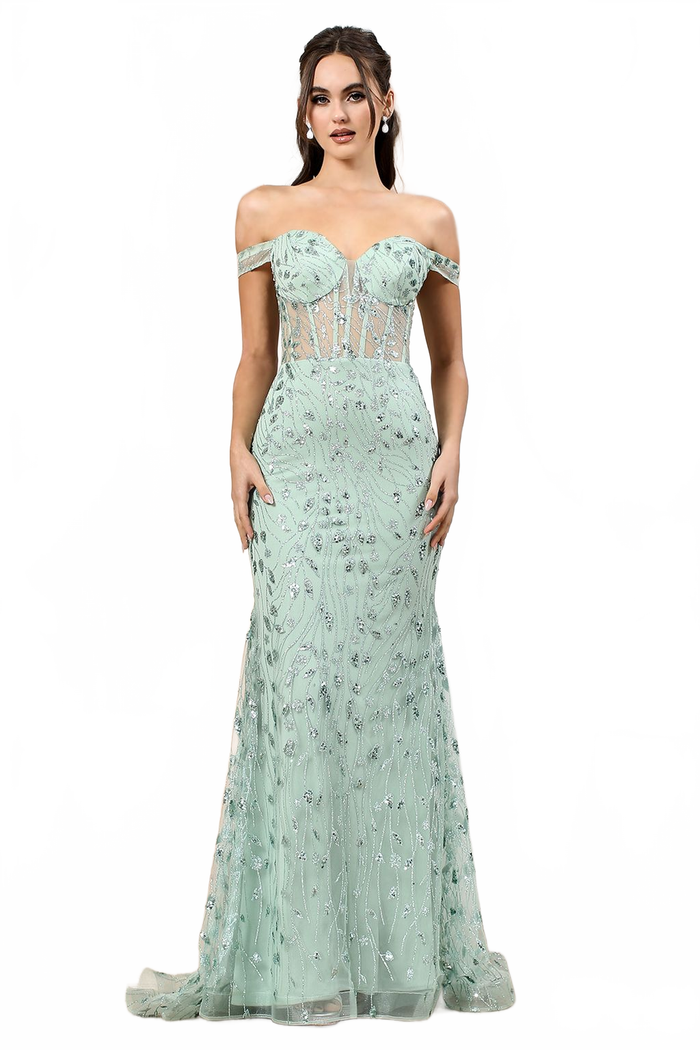 Adora Design 3198 Off Shoulder Fitted Sequin Print Prom Dress