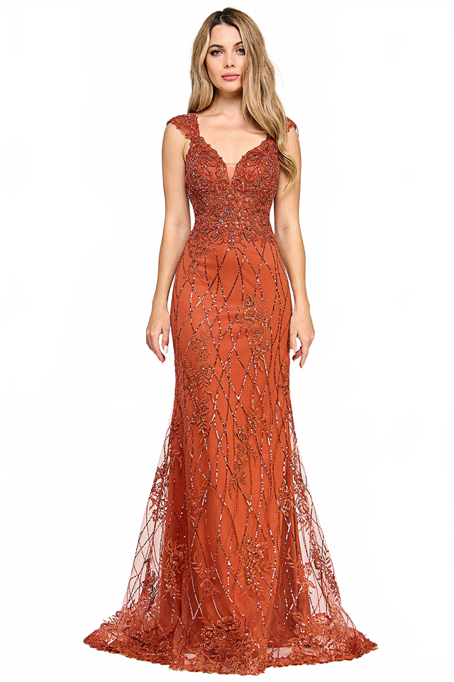 Beaded Lace Mermaid Gown with Sheer Bodice and Lace-Up Back By Lenovia 8350