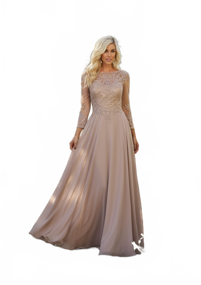 Mother of the Bride Dress 3/4 Long Sleeves Chiffon A-Line Evening Gown-New Collection