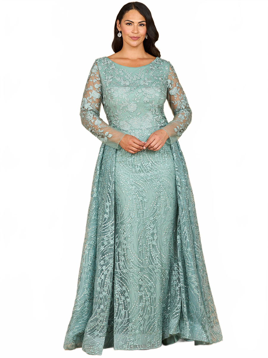 Long Sleeve Gown with Overskirt & Illusion Neckline