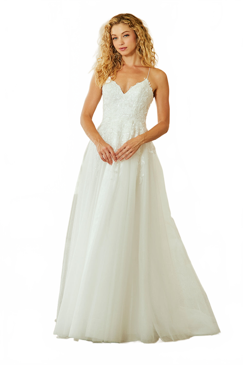 Lace Tulle A-Line Wedding Dress with Spaghetti Straps and V-Neck Bodice by Amelia Couture 9079